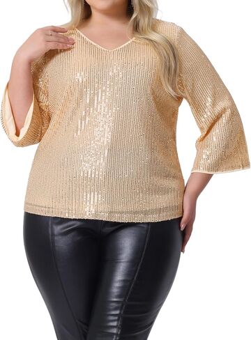 Agnes Orinda Plus Size Sequin Top for Women 3/4 Sleeve V Neck Glitter Sparkle Shimmer Party Disco Club Concert Outfits in Kuwait