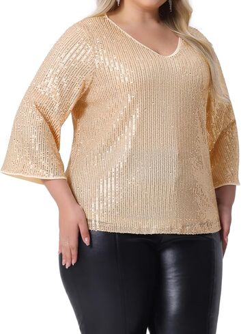 Agnes Orinda Plus Size Sequin Top for Women 3/4 Sleeve V Neck Glitter Sparkle Shimmer Party Disco Club Concert Outfits in Kuwait