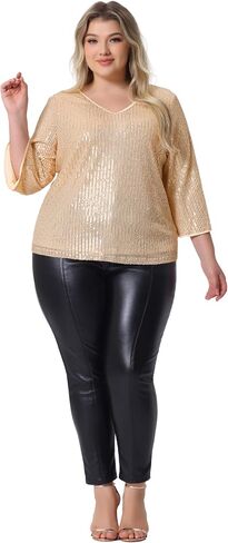Agnes Orinda Plus Size Sequin Top for Women 3/4 Sleeve V Neck Glitter Sparkle Shimmer Party Disco Club Concert Outfits in Kuwait