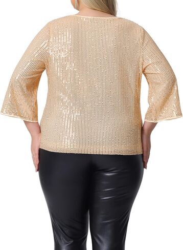 Agnes Orinda Plus Size Sequin Top for Women 3/4 Sleeve V Neck Glitter Sparkle Shimmer Party Disco Club Concert Outfits in Kuwait