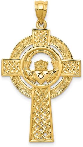 JewelryWeb 14K الذهب الأصفر الصلب مصقول لا يمكن نقشه رجال سلتيك claddagh الإيمان الديني صليب قلادة 31x22mm قلادة للرجال in Saudi Arabia