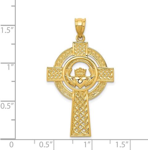 JewelryWeb 14K الذهب الأصفر الصلب مصقول لا يمكن نقشه رجال سلتيك claddagh الإيمان الديني صليب قلادة 31x22mm قلادة للرجال in Saudi Arabia
