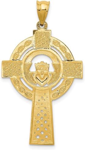 JewelryWeb 14K الذهب الأصفر الصلب مصقول لا يمكن نقشه رجال سلتيك claddagh الإيمان الديني صليب قلادة 31x22mm قلادة للرجال in Saudi Arabia