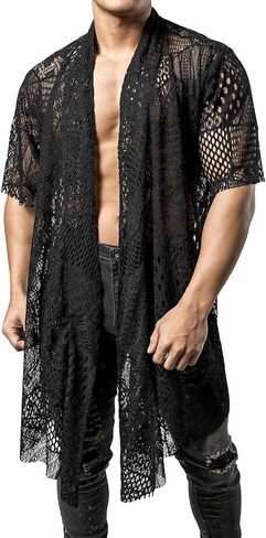 شبك السمكة Jogal Mens Mens شاهد من خلال Cardigan كشكش طوق المفتوح الأمامي المفتوح in Kuwait