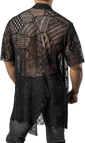 شبك السمكة Jogal Mens Mens شاهد من خلال Cardigan كشكش طوق المفتوح الأمامي المفتوح in Kuwait