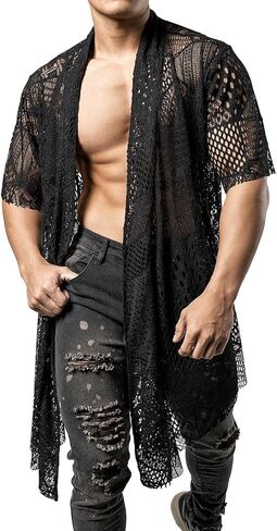 شبك السمكة Jogal Mens Mens شاهد من خلال Cardigan كشكش طوق المفتوح الأمامي المفتوح in Kuwait