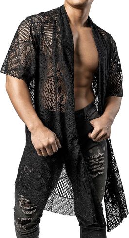 شبك السمكة Jogal Mens Mens شاهد من خلال Cardigan كشكش طوق المفتوح الأمامي المفتوح in Kuwait