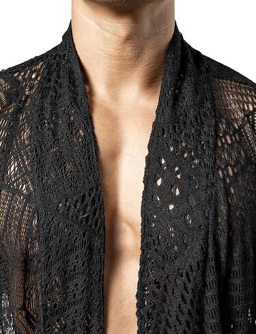 شبك السمكة Jogal Mens Mens شاهد من خلال Cardigan كشكش طوق المفتوح الأمامي المفتوح in Kuwait