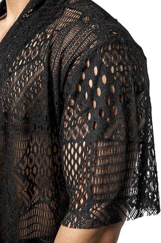 شبك السمكة Jogal Mens Mens شاهد من خلال Cardigan كشكش طوق المفتوح الأمامي المفتوح in Kuwait