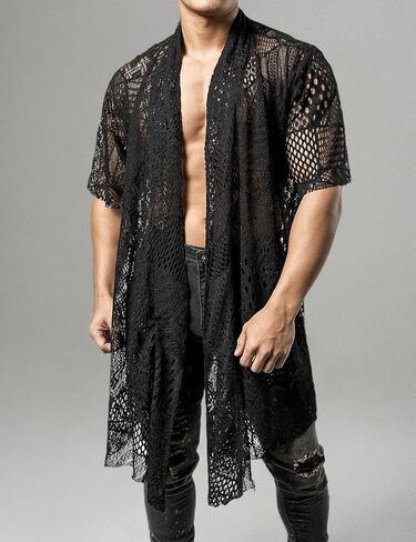 شبك السمكة Jogal Mens Mens شاهد من خلال Cardigan كشكش طوق المفتوح الأمامي المفتوح in Kuwait