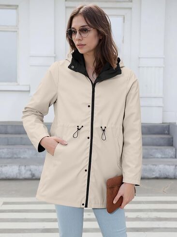 Women Reversible Lightweight Jacket Long Hooded Windbreaker Raincoat Outdoor Trench Coat in Saudi Arabia