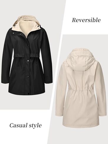 Women Reversible Lightweight Jacket Long Hooded Windbreaker Raincoat Outdoor Trench Coat in Saudi Arabia