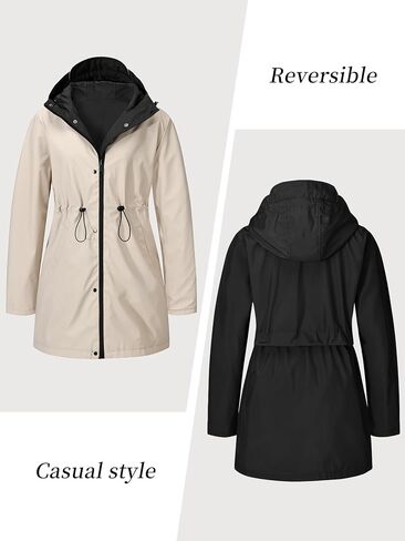 Women Reversible Lightweight Jacket Long Hooded Windbreaker Raincoat Outdoor Trench Coat in Saudi Arabia