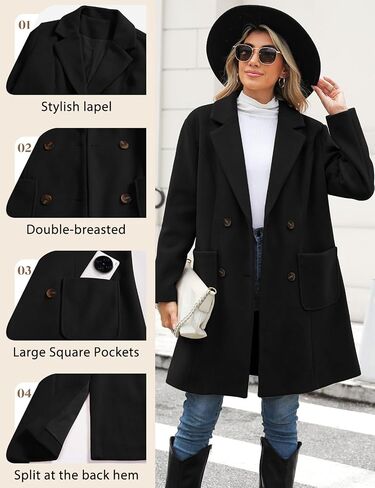 Women's Trench Coat Double Breasted Winter Coats Notched Collar Wool Blend Mid-Long Pea Coats for Women Fall Winter in Saudi Arabia