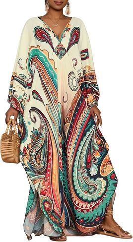 فساتين BSUBSEACH KAFTAN للنساء العرقية المطبوعة بالإضافة إلى التغطية الشاطئية الحجم تغطية الأكمام BATWING CAFTANS مع جيوب in Kuwait