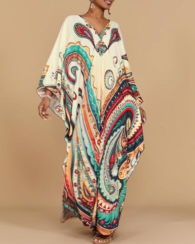 فساتين BSUBSEACH KAFTAN للنساء العرقية المطبوعة بالإضافة إلى التغطية الشاطئية الحجم تغطية الأكمام BATWING CAFTANS مع جيوب in Kuwait