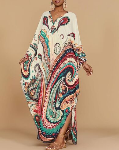 فساتين BSUBSEACH KAFTAN للنساء العرقية المطبوعة بالإضافة إلى التغطية الشاطئية الحجم تغطية الأكمام BATWING CAFTANS مع جيوب in Kuwait