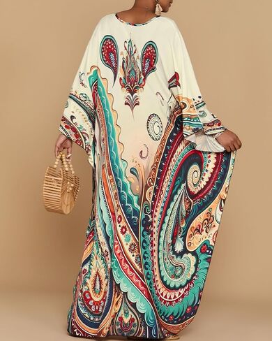 فساتين BSUBSEACH KAFTAN للنساء العرقية المطبوعة بالإضافة إلى التغطية الشاطئية الحجم تغطية الأكمام BATWING CAFTANS مع جيوب in Kuwait