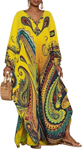 Bsubseach Kaftan Dresses for Women Ethnic Print Plus Size Beach Cover Ups Batwing Sleeve Caftans with Pockets in Saudi Arabia