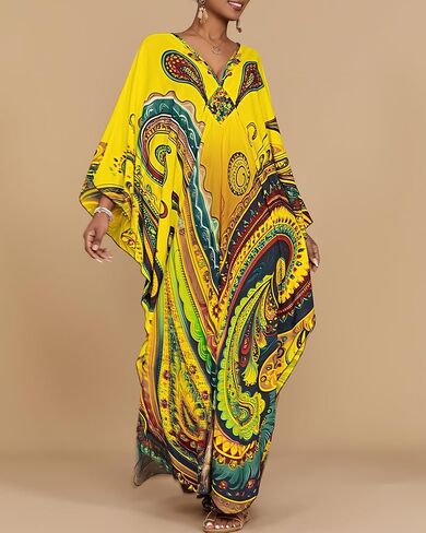 Bsubseach Kaftan Dresses for Women Ethnic Print Plus Size Beach Cover Ups Batwing Sleeve Caftans with Pockets in Saudi Arabia