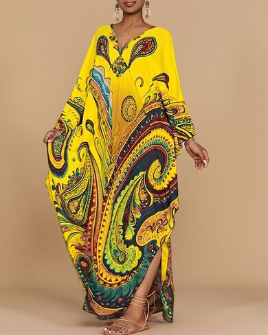 Bsubseach Kaftan Dresses for Women Ethnic Print Plus Size Beach Cover Ups Batwing Sleeve Caftans with Pockets in Saudi Arabia