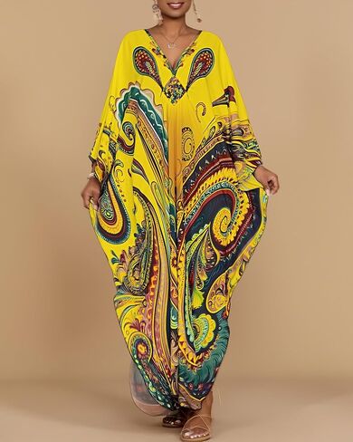 Bsubseach Kaftan Dresses for Women Ethnic Print Plus Size Beach Cover Ups Batwing Sleeve Caftans with Pockets in Saudi Arabia