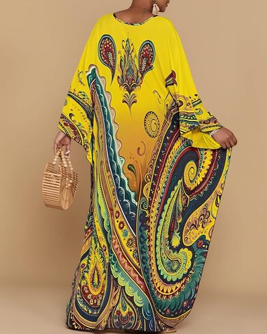 Bsubseach Kaftan Dresses for Women Ethnic Print Plus Size Beach Cover Ups Batwing Sleeve Caftans with Pockets in Saudi Arabia