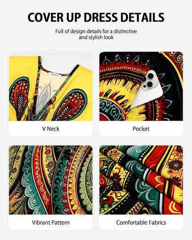 Bsubseach Kaftan Dresses for Women Ethnic Print Plus Size Beach Cover Ups Batwing Sleeve Caftans with Pockets in Saudi Arabia