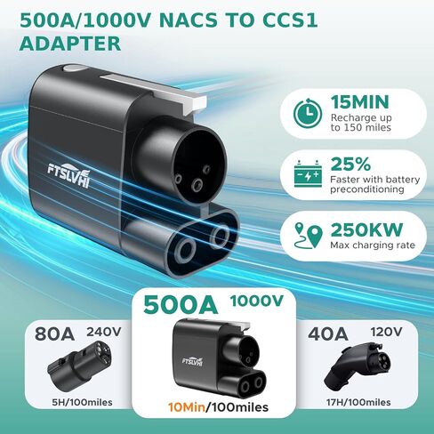 محول NACS TO CCS ، شحان Tesla Superchor to CCS1 Electric Oper NACS DC ، 500A 1000V ، متوافق مع محطات الشحن السريع V3/V4 DC لفورد EVS ، GM ، Nissan ، Rivian in Kuwait