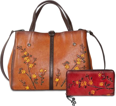 Genuine Leather Vintage Bag & Wallet Set for Women - Cowhide Crossbody Purse with RFID Blocking Wallet, Flower Embossed Retro Gift Combo in Saudi Arabia