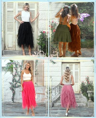 Tulle Skirts for Women A Line Fairy Tiered Skirt Midi Length High Elastic Waist Long Skirt in Saudi Arabia