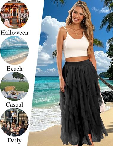 Tulle Skirts for Women A Line Fairy Tiered Skirt Midi Length High Elastic Waist Long Skirt in Saudi Arabia