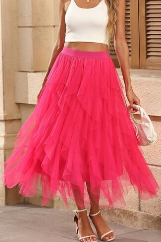 Tulle Skirts for Women A Line Fairy Tiered Skirt Midi Length High Elastic Waist Long Skirt in Saudi Arabia