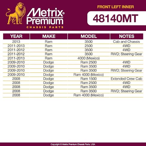 Metrix Premium Chassis Parts - Front Left Inner (To Pitman Arm) Steering Drag Link Fits 13 Ram 3500, 11-13 2500 4WD, 11-12 3500 4WD, 11-12 3500 RWD, 11-13 Ram 4000 (Mexico), ES800375, Made in Europe in Saudi Arabia