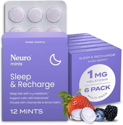 نوم Neurogum وإعادة شحن Meltaway Mints | 1mg melatonin + Chamomile + Elderberry + Lemon Balm + Passion Flower | مكملات الاستراحة الطبيعية خالية من السكر (التوت المختلط ، 72 قطعة) in Kuwait