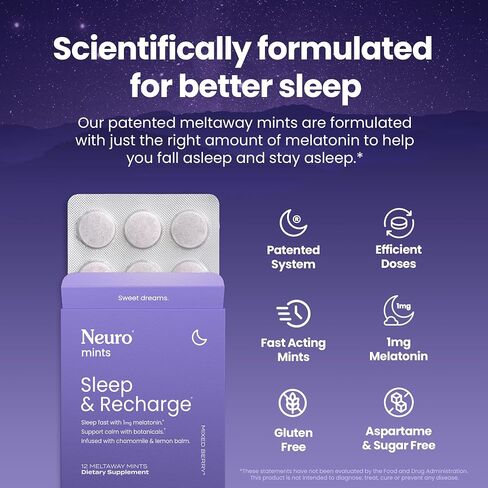 نوم Neurogum وإعادة شحن Meltaway Mints | 1mg melatonin + Chamomile + Elderberry + Lemon Balm + Passion Flower | مكملات الاستراحة الطبيعية خالية من السكر (التوت المختلط ، 72 قطعة) in Kuwait