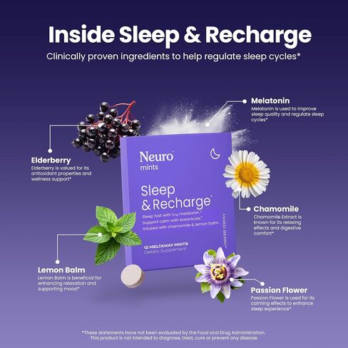 نوم Neurogum وإعادة شحن Meltaway Mints | 1mg melatonin + Chamomile + Elderberry + Lemon Balm + Passion Flower | مكملات الاستراحة الطبيعية خالية من السكر (التوت المختلط ، 72 قطعة) in Kuwait