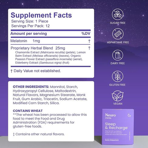 نوم Neurogum وإعادة شحن Meltaway Mints | 1mg melatonin + Chamomile + Elderberry + Lemon Balm + Passion Flower | مكملات الاستراحة الطبيعية خالية من السكر (التوت المختلط ، 72 قطعة) in Kuwait
