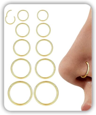 10PCS 16G Gold Nose Rings Hoops Set for Women Men, Hypoallergenic 316L Surgical Stainless Steel Hinged Clicker Earrings for Nose Helix Cartilage Tragus Body Piercing Jewelry 8mm 10mm 12mm 14mm 16mm in Saudi Arabia