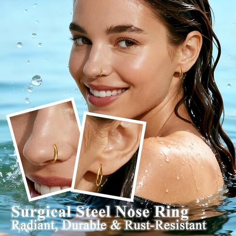 10PCS 16G Gold Nose Rings Hoops Set for Women Men, Hypoallergenic 316L Surgical Stainless Steel Hinged Clicker Earrings for Nose Helix Cartilage Tragus Body Piercing Jewelry 8mm 10mm 12mm 14mm 16mm in Saudi Arabia
