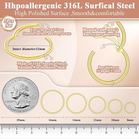 10PCS 16G Gold Nose Rings Hoops Set for Women Men, Hypoallergenic 316L Surgical Stainless Steel Hinged Clicker Earrings for Nose Helix Cartilage Tragus Body Piercing Jewelry 8mm 10mm 12mm 14mm 16mm in Saudi Arabia
