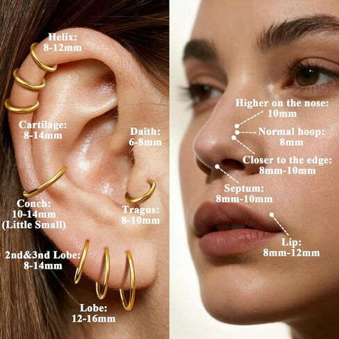 10PCS 16G Gold Nose Rings Hoops Set for Women Men, Hypoallergenic 316L Surgical Stainless Steel Hinged Clicker Earrings for Nose Helix Cartilage Tragus Body Piercing Jewelry 8mm 10mm 12mm 14mm 16mm in Saudi Arabia