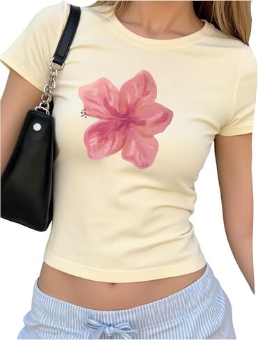 Floral Graphic Crop Tops for Girls Short Sleeve Slim fit Preppy Summer T Shirt Y2k Tops Trendy in Saudi Arabia