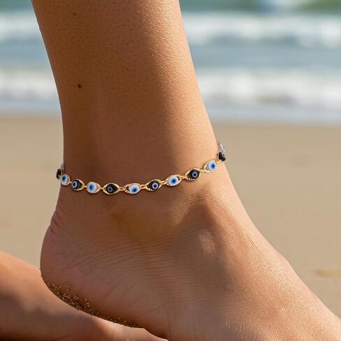 SLOONG Evil Eye Beaded Anklet Bracelets for Women, 14K Gold Plated Ankle Bracelet Jewelry Beach Beads Anklet Set Ankle Bracelets for Women in Saudi Arabia