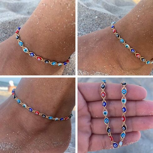 SLOONG Evil Eye Beaded Anklet Bracelets for Women, 14K Gold Plated Ankle Bracelet Jewelry Beach Beads Anklet Set Ankle Bracelets for Women in Kuwait