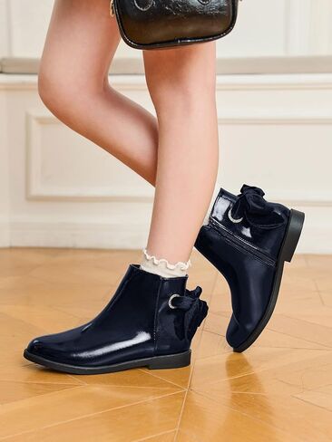 Coutgo Girls Ankle Boots Kids Bow Chunky Low Heel Side Zipper Dress Booties Fashion Fall Shoes in Kuwait