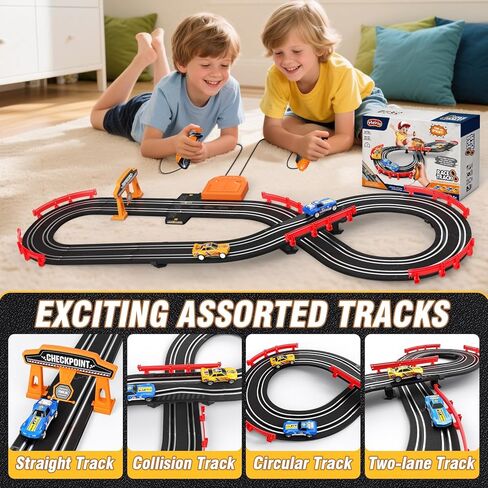 Slot Car Race Track Sets with 4 High-Speed Race Cars, Electric or Battery-Powered Kids Toys, Dual Racing Car Track Featuring Circular Overpasses, Birthday Gifts Toys for Boys Girls Age 6 7 8-12 Kids in Kuwait