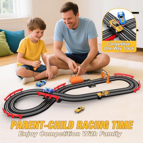 Slot Car Race Track Sets with 4 High-Speed Race Cars, Electric or Battery-Powered Kids Toys, Dual Racing Car Track Featuring Circular Overpasses, Birthday Gifts Toys for Boys Girls Age 6 7 8-12 Kids in Kuwait
