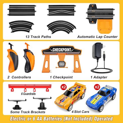 Slot Car Race Track Sets with 4 High-Speed Race Cars, Electric or Battery-Powered Kids Toys, Dual Racing Car Track Featuring Circular Overpasses, Birthday Gifts Toys for Boys Girls Age 6 7 8-12 Kids in Kuwait