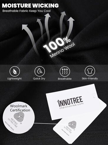 innotree Men's Merino Wool T-Shirt, 100% Organic Merino Wool Undershirt Lightweight Crew Short Base Layer for Hiking,Black,Medium in Saudi Arabia
